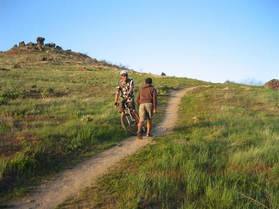 Mountain biker heading down hill, pulled to the side as a walker passes going up hill.