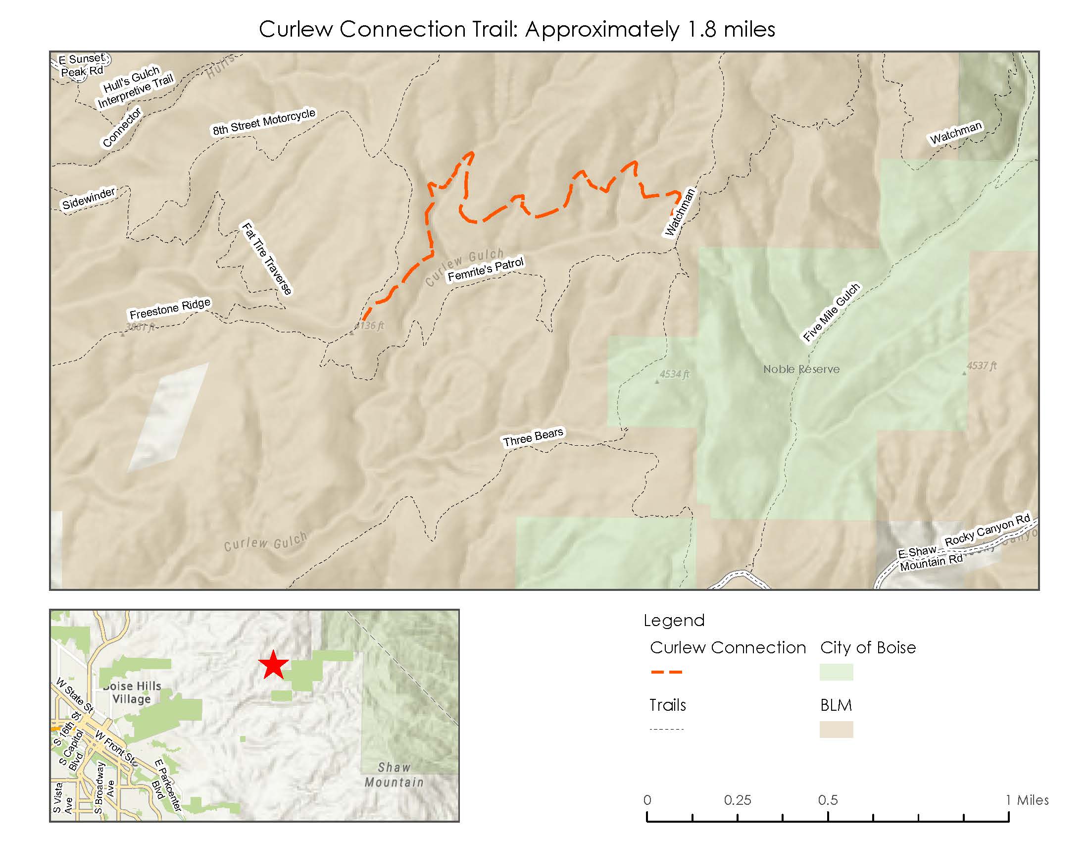 Map of Curlew Connection Trail running north of Femrite's Trail connecting from Freestone Ridge to Watchman. 