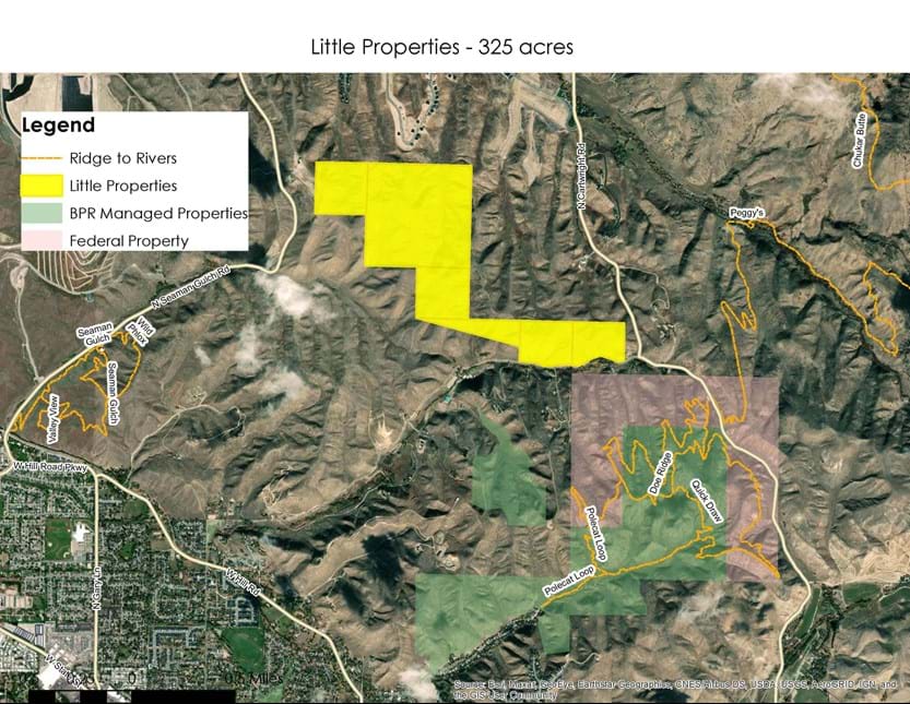 Map indicating shape of 325 acres of Little Properties to the north of Polecat Loop and Doe Ridge and to the East of Seaman Gulch Road. 