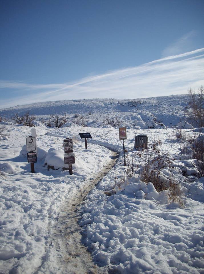 A snowy Ridgecrest Trail in the Boise Foothills with multiple trail signs visible.