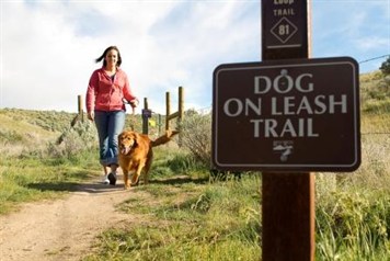 Woman walking dog on on-leash trail